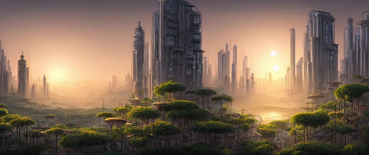 Image similar to matte painting solarpunk cityscape plants highly detailed sunrise