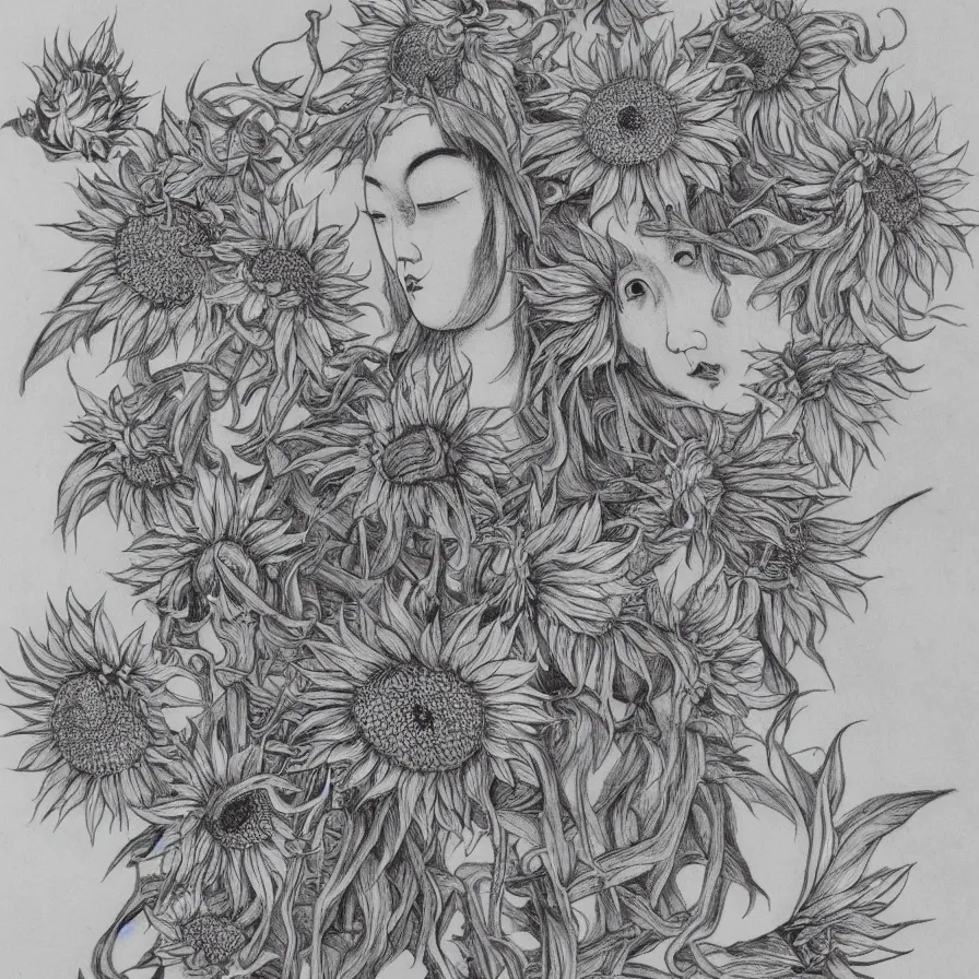 Image similar to chinese female sunflower deity gray face long vine helianthus flowers detailed drawing