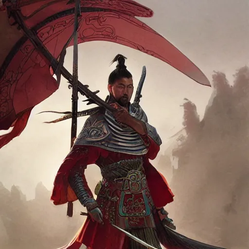 Image similar to 12th century Chinese warrior, highly detailed, digital painting, cgsociety, concept art, sharp focus, illustration, art by artgerm and greg rutkowski and alphonse mucha