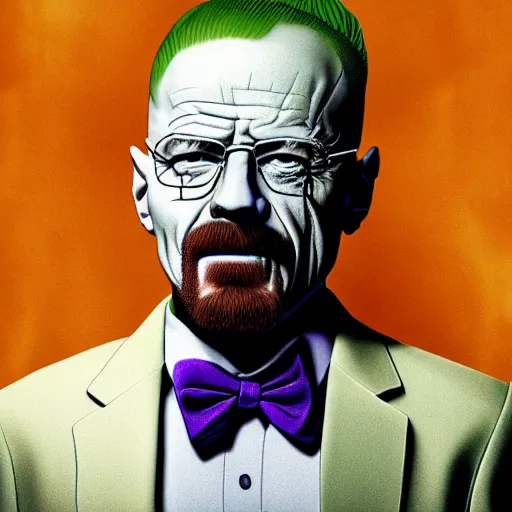 Prompt: walter white as the joker, 8 k, photorealistic, film still