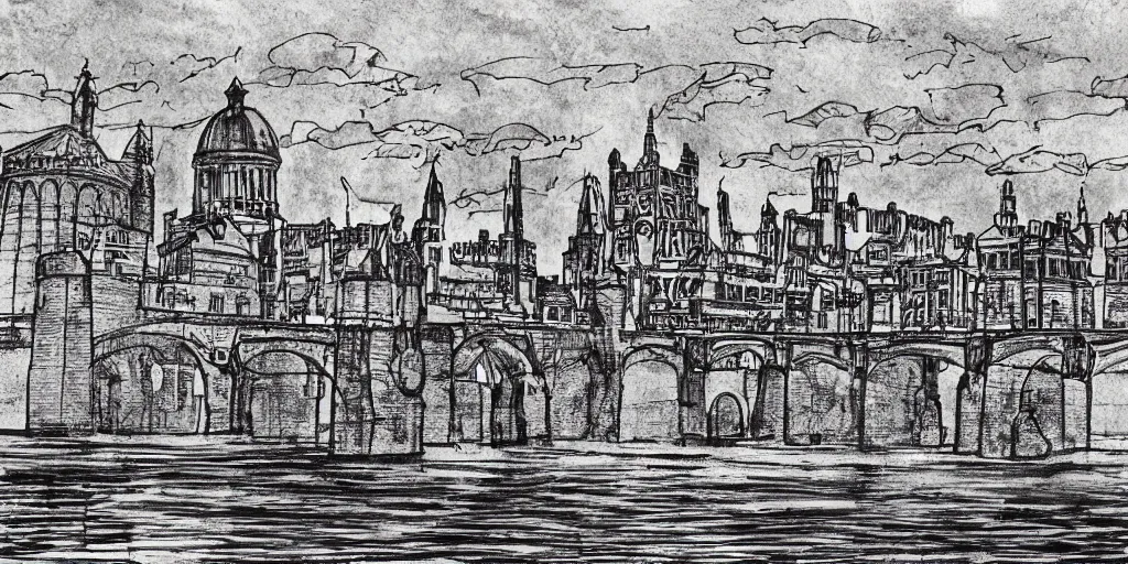 Image similar to pen and ink illustration, ancient London, city buildings on top of tall bridge structure, over the ocean, tall arches, fading off to the horizon, steam punk, artstation