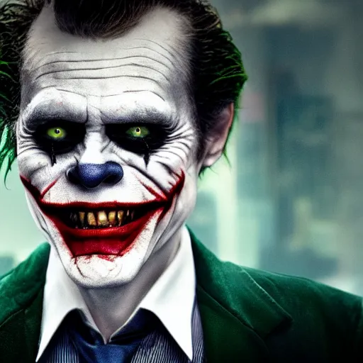 Image similar to willem dafoe as the joker, movie poster, superrealism, quality, post - production, image depth, focus, fine details, skin pores, makeup, 8 k