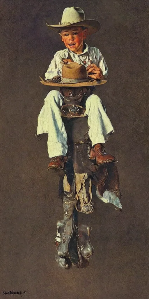 Prompt: “ ( ( ( ( ( cowboy wearing a miniature hat ) ) ) ) ) by norman rockwell!!!!!!!!!!!!!!!!!!!!! ”