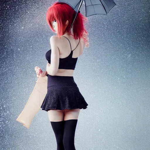Prompt: anime girl in copron tights, in full growth, beautiful appearance, curly hair, holding an umbrella and it's raining, beautiful figure
