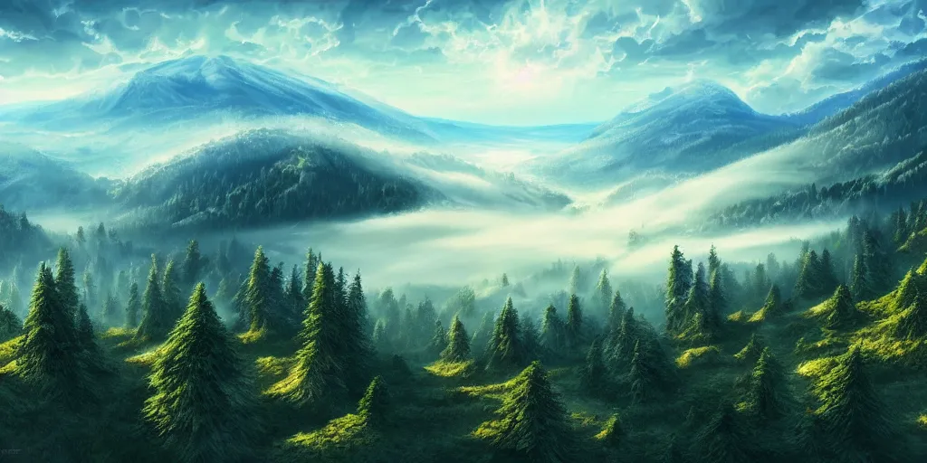 Prompt: fantastic scenery landscape from the top of the mountain, pine trees, green valleys, magic fog and lightning, epic composition, fibonacci ratio, golden ratio, fancy, incredible detailed game artwork, sharpen and ultra quality, trending, artstation, behance, wikiart, 8 k