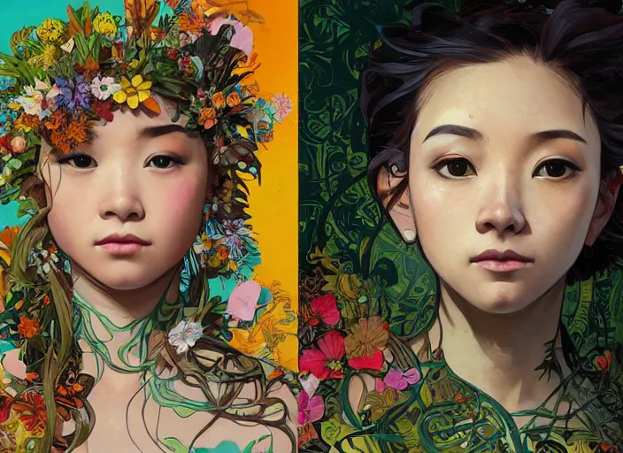 Image similar to !!! very coherent!!! oil painting, beautiful floralpunk iban bio mechanical portrait girl female illustration detailed patterns art of sarawak traditional dress, flower pop art, floral splash painting, art by ashley wood, alphonse mucha, makoto shinkai, geof darrow, dark shadow