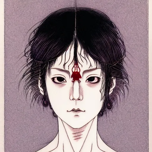 Prompt: prompt: Fragile looking character soft light portrait face drawn by Takato Yamamoto and Katsuhiro Otomo, tattooed face, inspired by Akira 1988 anime, alchemical objects on the side, soft light, intricate detail, intricate gouache painting detail, sharp high detail, manga and anime 2010