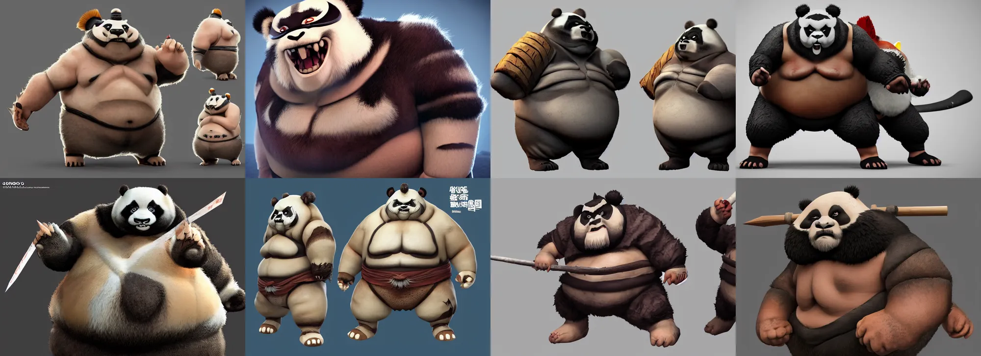 Prompt: extremely scary angry tough rough looking sumo panda. japanese warrior character, scary, gruffness, interesting 3 d character concept by square enix, in the style of league of legends, hyper detailed, cinematic, final fantasy, character concept, portly, ray tracing, fur details, maya, c 4 d, artstation