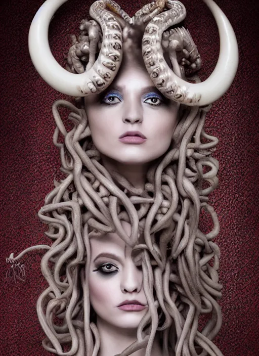 Image similar to a portrait medusa by candy makeup, photorealistic, intricate details, hyper realistic, fantasy, elegant, baroque, horn, ram skull headpiece, photorealistic, photography, symmetrical features, symmetrical pose, wide angle shot, feet on the ground, wearable art, unreal engine