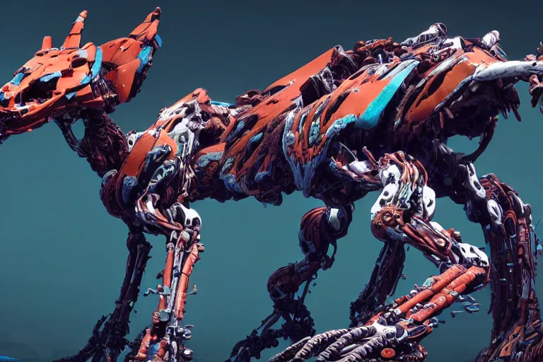 Image similar to a hyper detailed fanghorn evangelion realistic mechanical and organic creature similar look as horizon forbidden west horizon zero dawn, bioluminiscence in a dark deep forest at dawn in spring, with reflection and textures, by kilian eng, substance painter reaslitic mech surface metal painted scratches, world env from horizon forbidden west horizon zero dawn