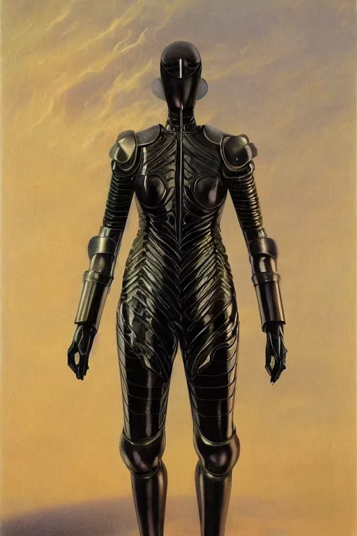 Image similar to full body portrait of beautiful gothic and futuristic fashion model, elegant space armour, cyber armour, highly detailed, artstation, illustration, composition, 8 k quality, art by jean delville, rene magritte, hyperrealism oil painting