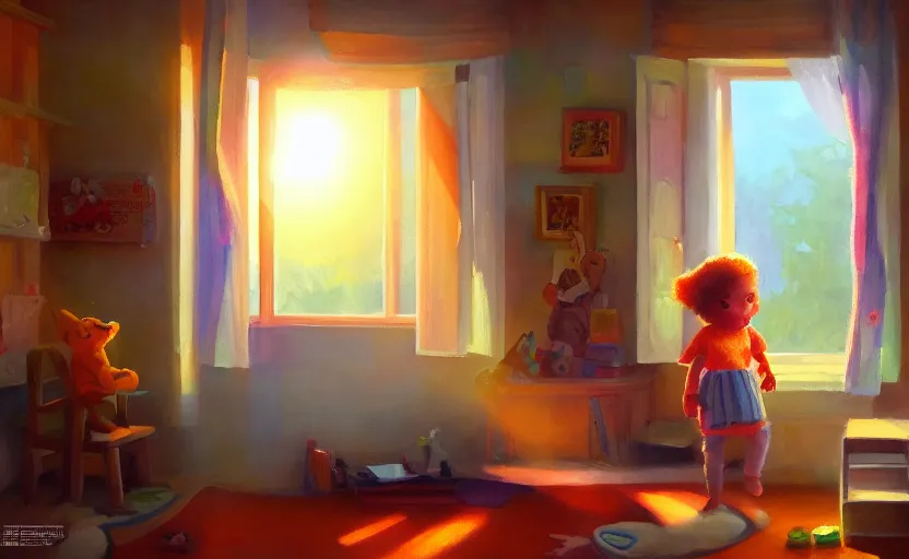 Image similar to happy morning and the rays of the morning sun shining through the window of kid's room in the village house clear sky, warm colors, happy mood, oil painting, high detail, trending on artstation