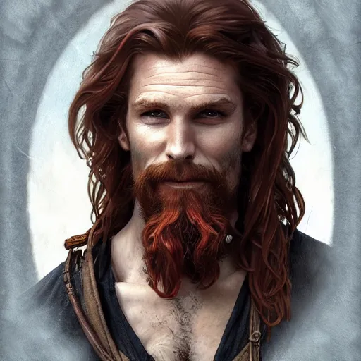 Image similar to portrait of a young ruggedly handsome but cantankerous pirate, male, masculine, upper body, red hair, long hair, d & d, fantasy, giddy smirk, intricate, elegant, highly detailed, digital painting, artstation, concept art, matte, sharp focus, illustration, art by artgerm and greg rutkowski and alphonse mucha