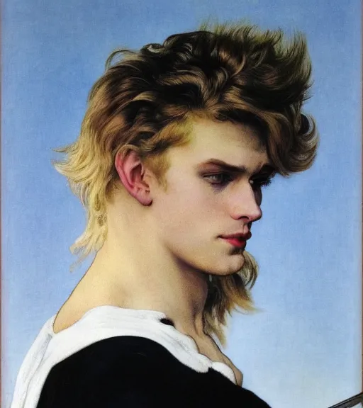 Image similar to clean cel shaded art of a pale androgynous blond young man, long fluffy curly blond hair, light platinum long blond hair, wearing black leather riding pants and a white poet shirt, Alexandre Cabanel, norman rockwell, peter paul rubens, maler collier, frank frazetta, alphonse mucha, gustav klimt 4k, unreal 5, DAZ, french noveau, trending on artstation, octane render, hyperrealistic