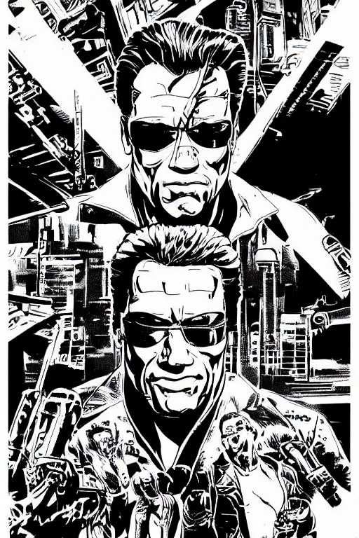 Image similar to arnold schwarzenegger as the terminator, a page from cyberpunk 2 0 2 0, style of paolo parente, style of mike jackson, adam smasher, johnny silverhand, 1 9 9 0 s comic book style, white background, ink drawing, black and white, colouring pages