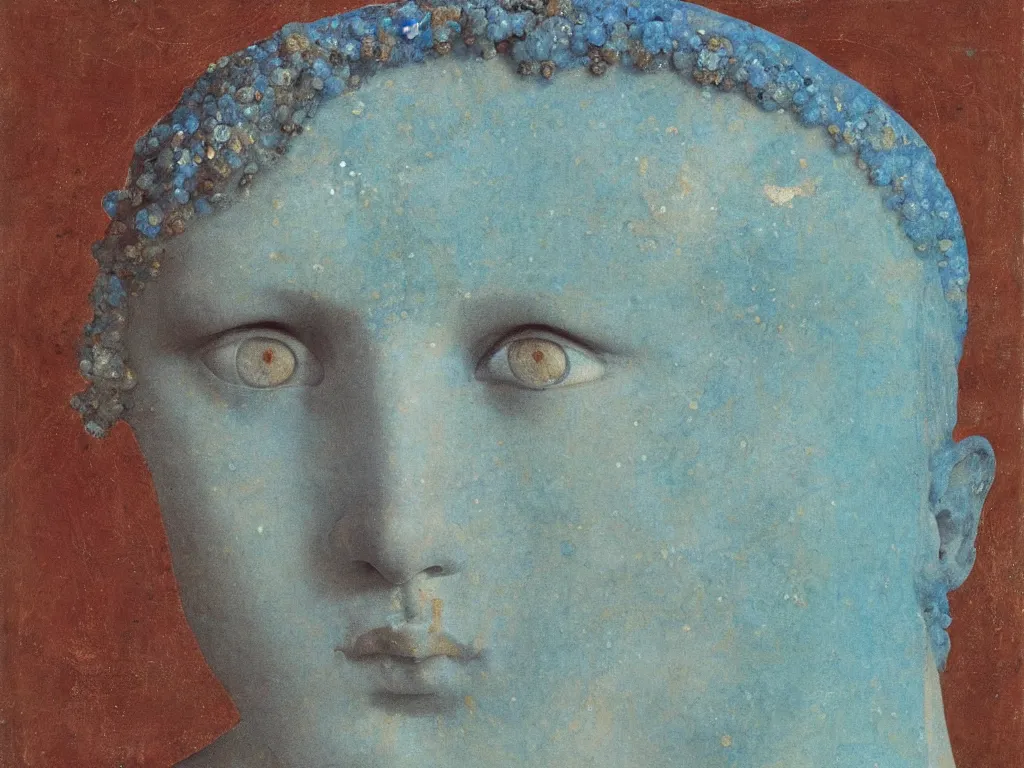 Prompt: marble greek sculpture head with inlaid crystal eyes. lapis - lazuli, turquoise, malachite, cinnabar, earth brown. painting by piero della francesca, balthus, agnes pelton
