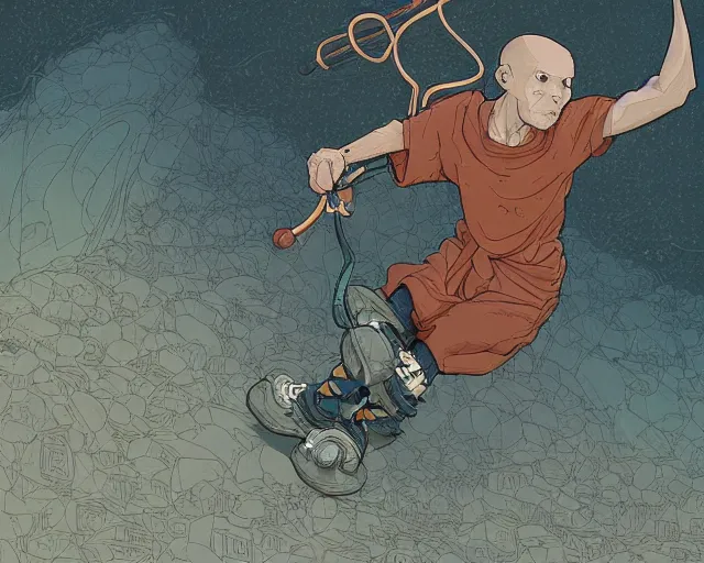 Prompt: a cell shaded cartoon of a monk in rollerblades, illustration, subtle colors, post grunge, concept art by josan gonzales and wlop, by james jean, Victo ngai, David Rubín, Mike Mignola, Laurie Greasley, highly detailed, sharp focus, alien, Trending on Artstation, HQ, deviantart, art by artgem