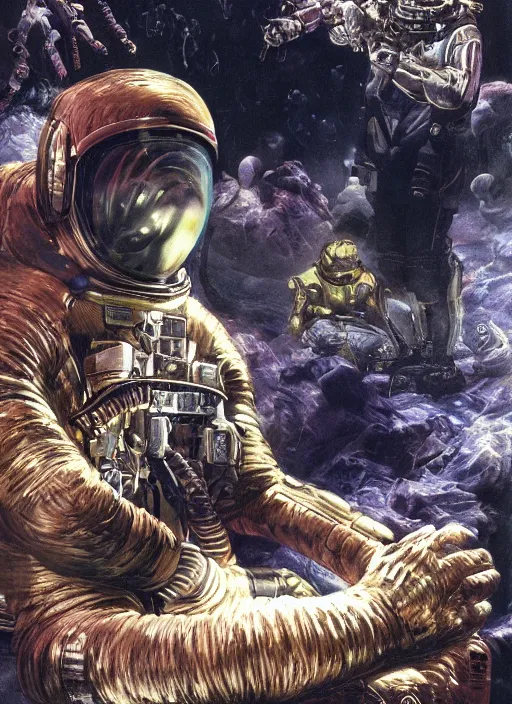 Image similar to astronauts in dark and empty void underwater - complex and hyperdetailed technical suit. reflection and dispersion materials. rays and dispersion of light. volumetric light. 5 0 mm, f / 3 2. noise film photo. flash photography. ultra realistic, wide angle. poster by wayne barlowe, hajime sorayama aaron horkey, craig mullins
