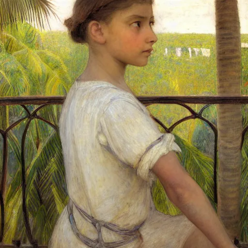 Image similar to a ultradetailed beautiful painting of a girl in the amazonas palace balustrade designed by jules bastien - lepage, tarsila do amaral, frank weston and gustave baumann, beach, trending on artstation, mediterranean, palm trees, detailed face, sharp focus, soft light, 8 k 4 k