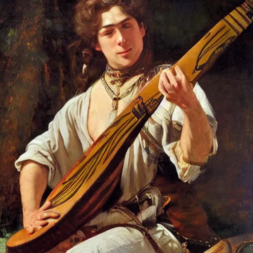 Prompt: a portrait of an anthro wolf playing a lute, by samuel luke fildes and greg hildebrandt