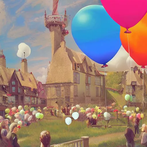 Image similar to digital art of bretagne with giant birthday balloons, artstation cgsociety masterpiece