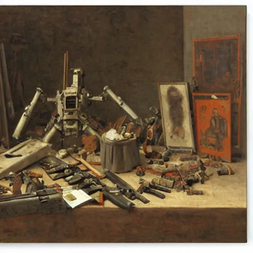 Image similar to Still life of a combat mech surrounded by its weapons, by Henri Fantin-Latour