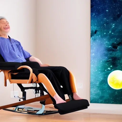 Image similar to community acupuncture recliner chair and person receiving acupuncture, floating in space, galactic background with cosmic rays, chill, dramatic lighting