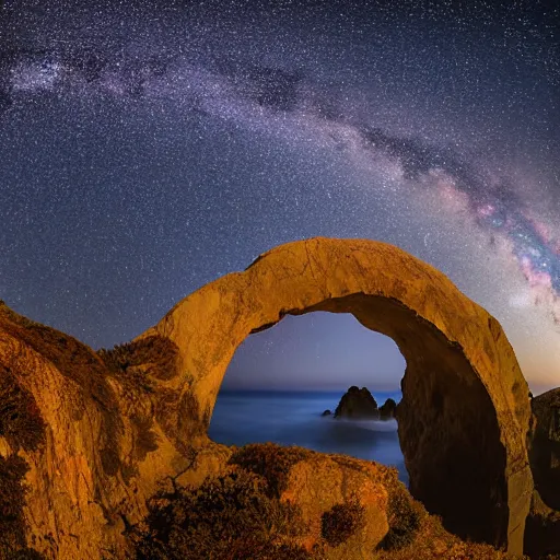 Prompt: Milky Way shining through an Arch on the Big Sur Coast