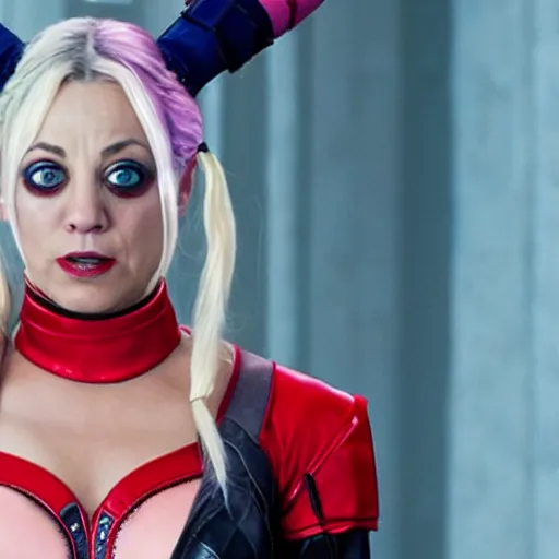 Image similar to A still of Kaley Cuoco as Harley Quinn