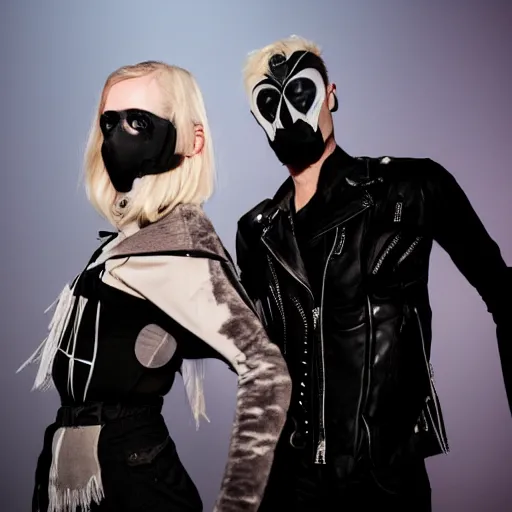 Image similar to a photo of a man and a woman performing darkwave music, clothes by rick owens and faces covered by masks, short blond hair