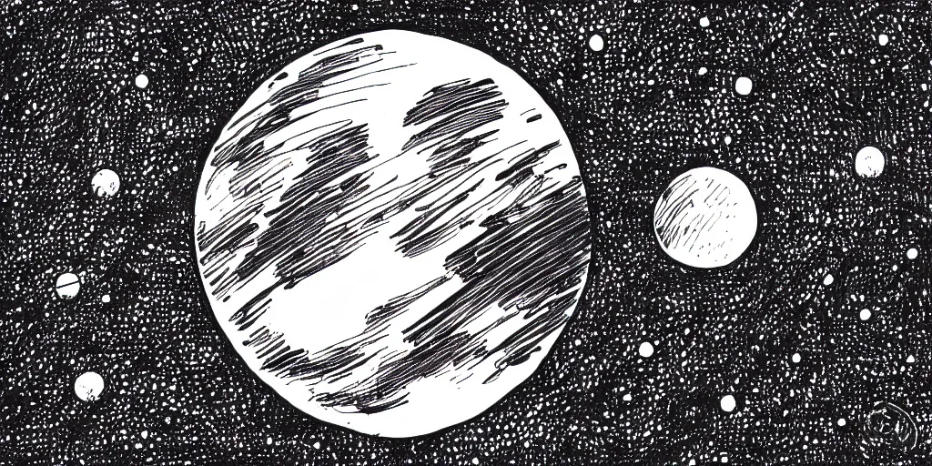 Image similar to ink lineart drawing of a planet, looming over an astronaut's shoulder, wide angle, space background, artstation, etchings by goya, chinese brush pen, illustration, high contrast, deep black tones contour