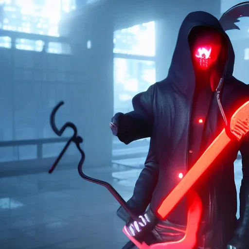 Prompt: hyperrealistic neon grimm reaper holding a scythe, photorealistic cinematic render, octane render, cyberpunk in hell, fog, fire, 8 k, unrealengine