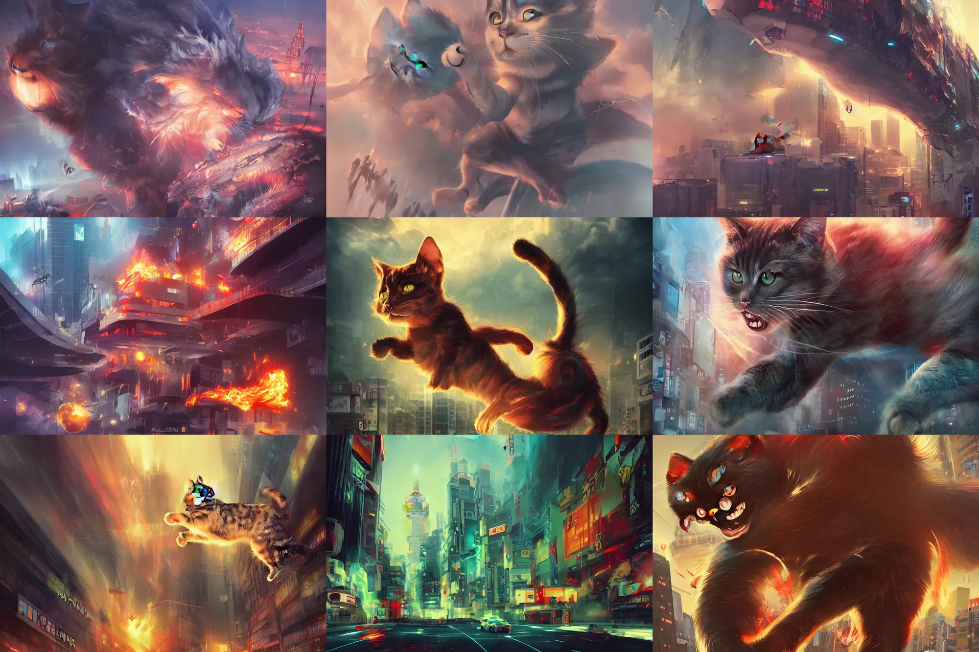 Prompt: cat attacking Tokyo, disaster movie poster, concept art by Ross tran, masterpiece, masterwork, artstation, cgstudio