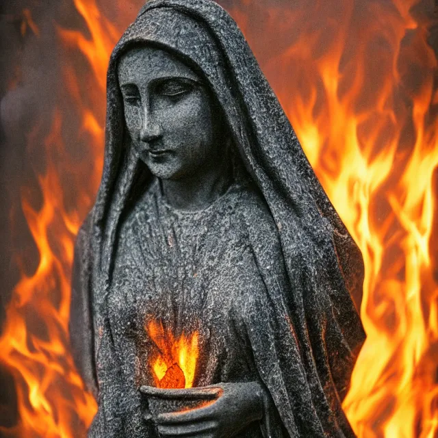 Prompt: statue of mother mary, black and burned and on fire, ultramax photograph