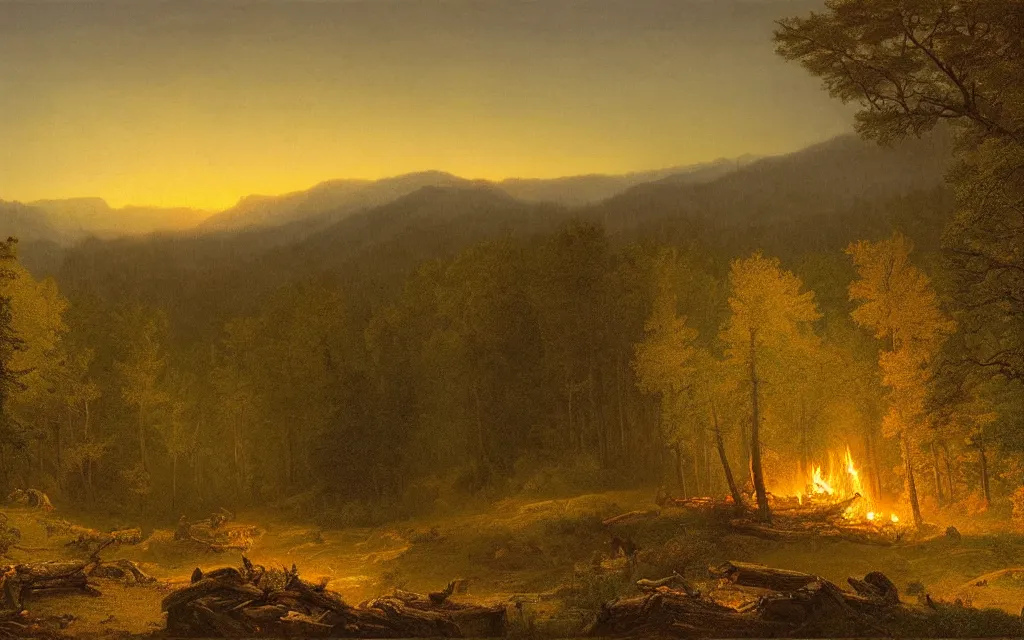 Prompt: large bonfire on the edge of a forest overlooking a beautiful valley at dusk, cinematic lighting, intricate ink illustration, by albert bierstadt, digital art