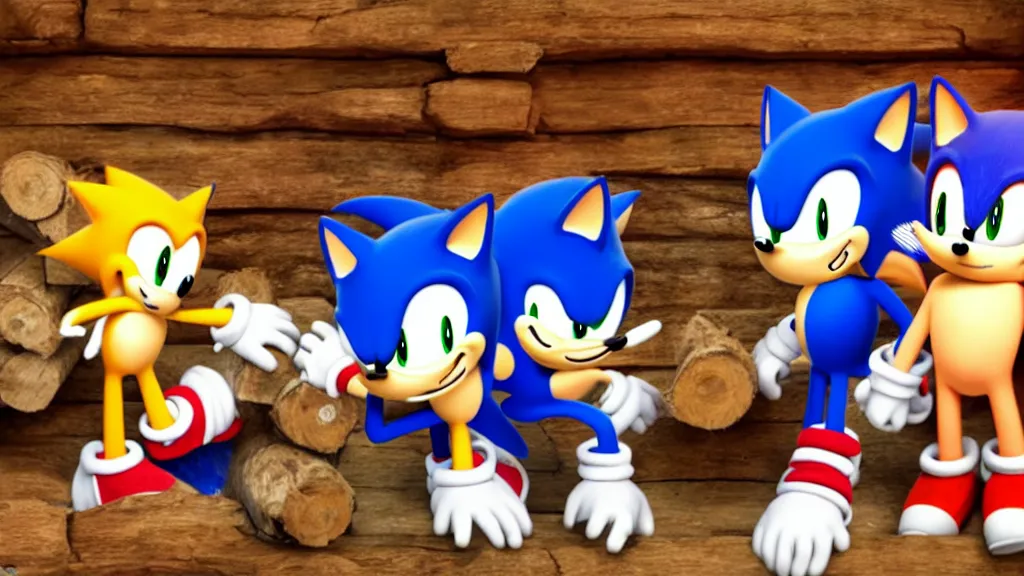 Image similar to A wholesome lively desktop background involving Sonic and Tails sitting in a log cabin sitting on a rug by the fireplace, talking and laughing, 4k, 8k, unrealengine, beautiful, amazing.