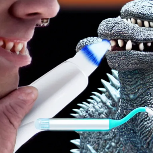 Image similar to godzilla brushing his teeth in the bathroom, electric toothbrush, crest toothpaste