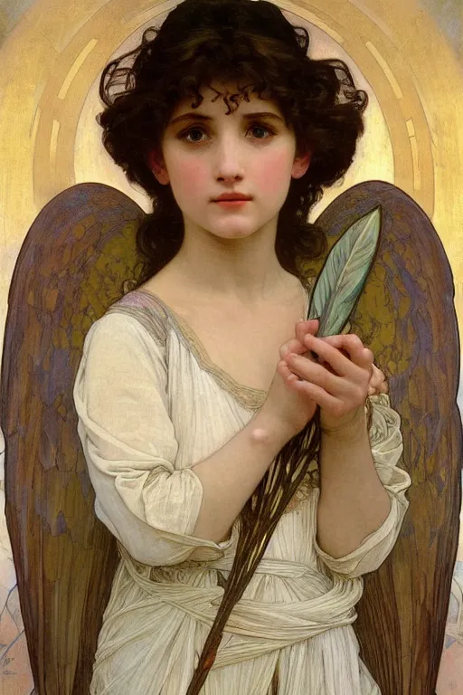 Image similar to portrait of a beautiful angel with large feather wings, intricate, elegant, hyperdetailed by alphonse mucha and william - adolphe bouguereau and john william waterhouse