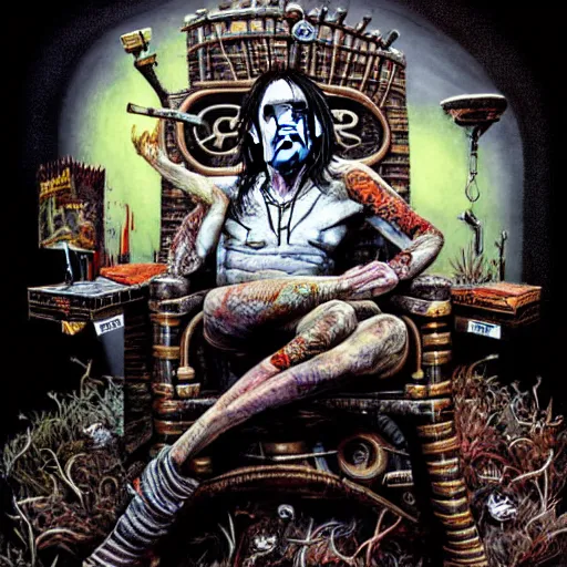 Image similar to graphic illustration, creative design, alice cooper sitting on a throne, biopunk, francis bacon, highly detailed, hunter s thompson, concept art