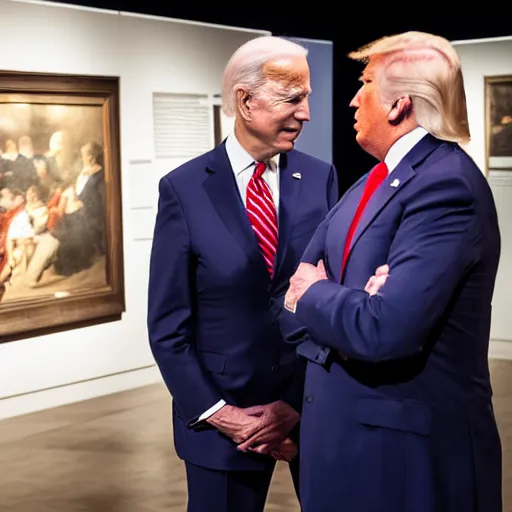 Prompt: biden watching a trump exhibition in a museum, studio lighting, photography, highly detailed, 4 k