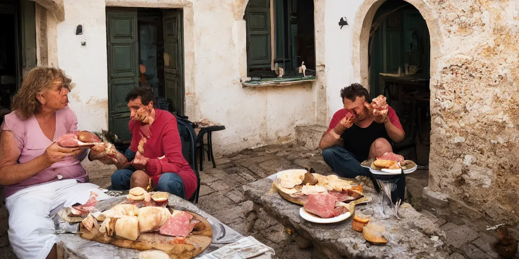 Image similar to cats sharing their mortadella with owner at a trullo house, photoreal, 3 5 mm, award winning photography