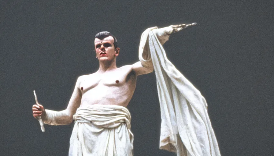 Image similar to 1 9 6 0 s movie still close - up of caligula in a white toga bleeding heavy on ancient amphitheater, cinestill 8 0 0 t 3 5 mm, high quality, heavy grain, high detail, dramatic light, anamorphic