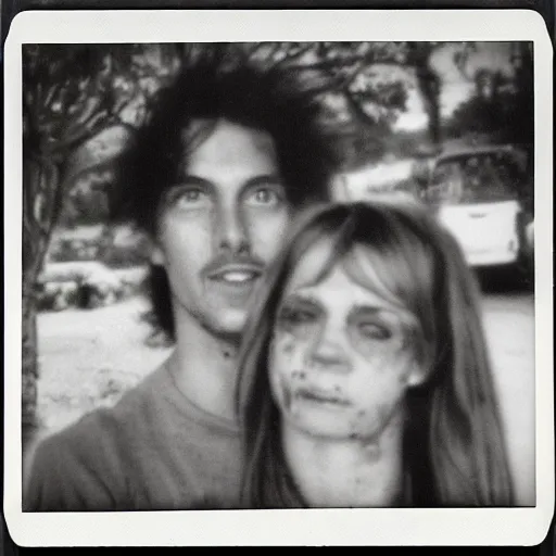 Image similar to polaroid of a happy couple looking into the camera during a zombie apocalypse