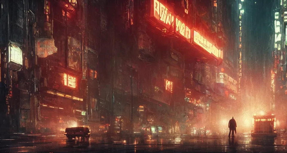 Image similar to a highly detailed epic cinematic concept art CG render digital painting artwork scene: Blade Runner in 1980s USSR. By Greg Rutkowski, Ilya Kuvshinov, WLOP, Stanley Artgerm Lau, Ruan Jia and Fenghua Zhong, trending on ArtStation, made in Maya, Blender and Photoshop, octane render, excellent composition, cinematic dystopian brutalist atmosphere, dynamic dramatic cinematic lighting, aesthetic, very inspirational, arthouse