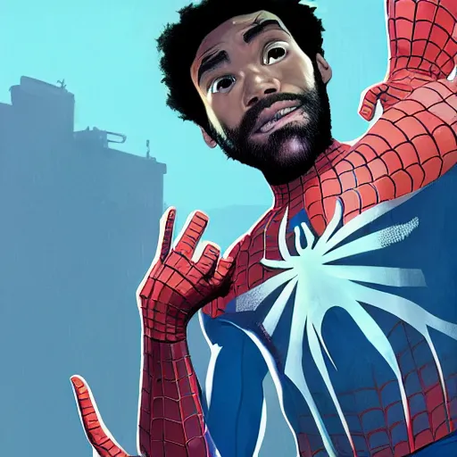 Image similar to donald glover as spiderman, art gta 5 cover, official fanart behance hd artstation by jesper ejsing, by rhads, makoto shinkai and lois van baarle, ilya kuvshinov, ossdraws, and by feng zhu and loish and laurie greasley, victo ngai, andreas rocha, john harris