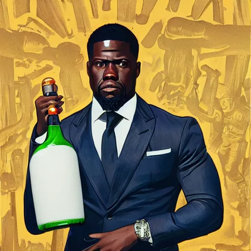 Image similar to clear portrait of kevin hart holding a gigantic bottle of milk, golden hour background, cottagecore!!, hyper detailed, character concept, full body, dynamic pose, intricate, elegant, highly detailed, digital painting, artstation, concept art, smooth, sharp focus, illustration, art by artgerm and greg rutkowski and alphonse mucha