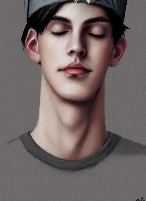 Image similar to portrait of teenage jughead jones wearing a light grey crown, photorealistic, crown, eyes closed, crown, black hair, intricate, elegant, glowing lights, highly detailed, digital painting, artstation, concept art, smooth, sharp focus, illustration, art by wlop, mars ravelo and greg rutkowski