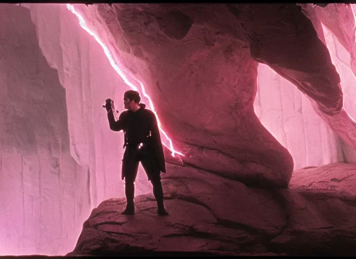 Prompt: detailed photo of Luke skywalker uncovering the secrets of the ancient jedi texts. a dark pink hazy ethereal cave from Indiana jones, screenshot from the 1983 film, Photographed with Leica Summilux-M 24 mm lens, ISO 100, f/8, Portra 400
