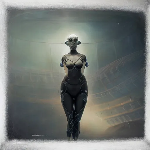 Prompt: artstyle Tom Bagshaw, ultra realist soft painting of a single female mixed in the curiosities carnival, partial symmetry accurate features, very intricate details, futuristic sport arena, focus, curvy, award winning