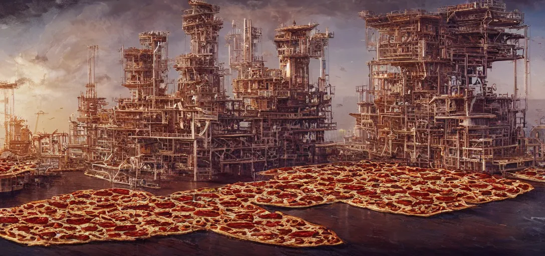 Image similar to an oil rig made of pizza, 80s style, intricate, hyper detailed, 8k, james gurney, greg rutkowski, john howe, artstation